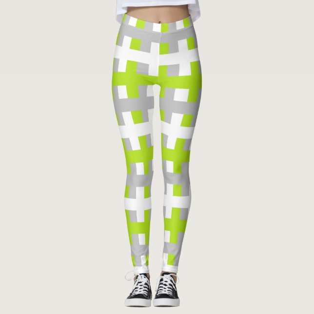 Abstrakt limefruktgrönt, silver och vit leggings (Framsida)