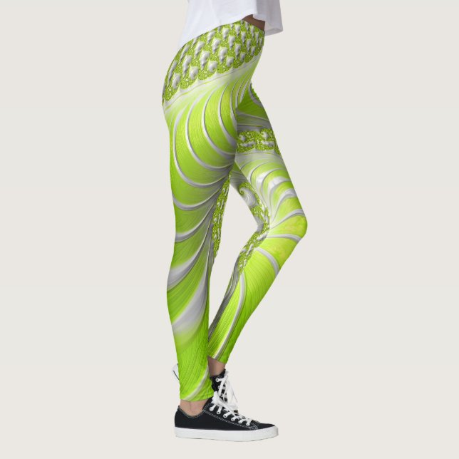 Abstrakt Limegrön Spiral Fraktal Leggings (Höger)