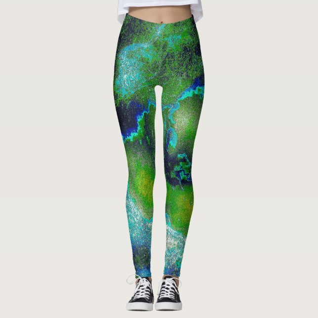 Abstrakt Limestone in Lime Green and Blues Leggings (Framsida)