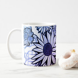 Abstrakt Line Teckning Blommigt Art Lila Blue Kaffemugg
