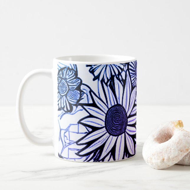 Abstrakt Line Teckning Blommigt Art Lila Blue Kaffemugg (Med munk)
