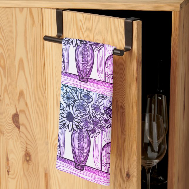 Abstrakt Line Teckning Blommigt Art Lila Blue Kökshandduk (Thirds Fold)