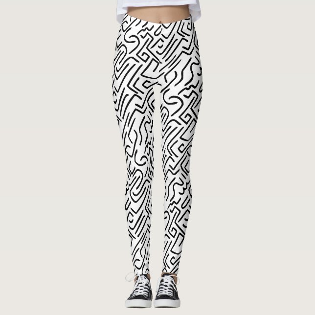 Abstrakt Linjer 130318(b) - Svartvit Leggings (Framsida)