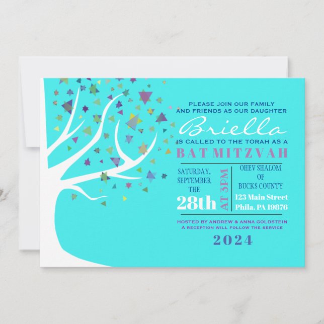 Abstrakt Livets träd Bat mitzvah Aqua Inbjudan (Framsida)