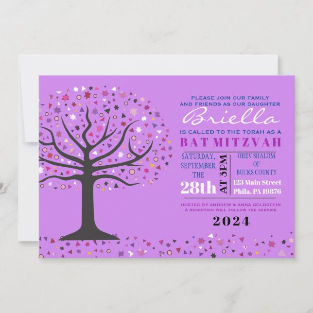 Abstrakt Livets träd Bat mitzvah Lila Inbjudan (Framsida)