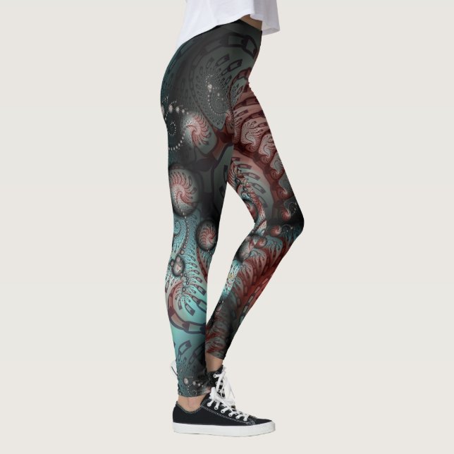 Abstrakt Livlig Fantasy Fraktal Konst Brun Blå Leggings (Höger)
