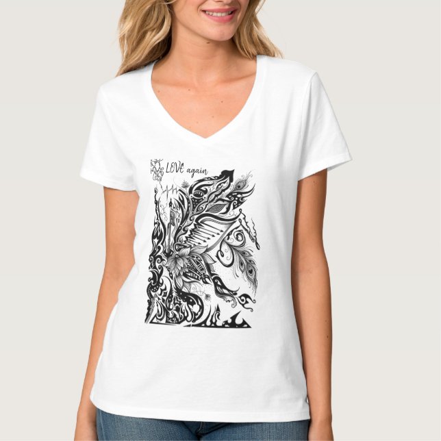 Abstrakt Lotus, Påfågel & Musik Grafisk T-Shirt (Framsida)