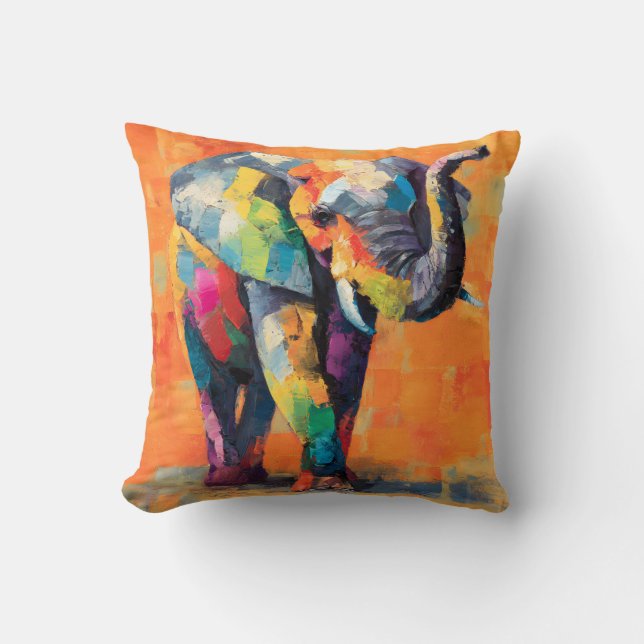 Abstrakt Lycklig Rainbow Elephant Kudde (Framsida)