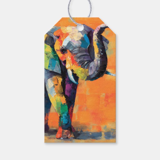 Abstrakt Lycklig Rainbow Elephant Presentetikett (Framsidan)