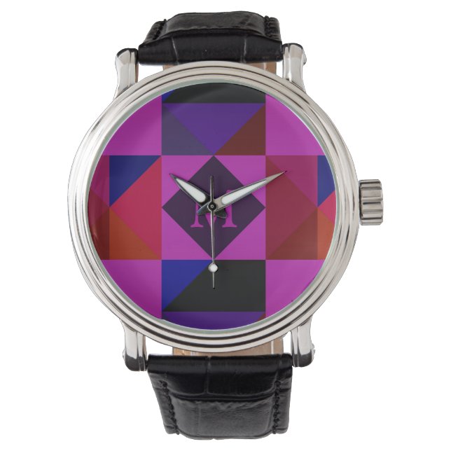 Abstrakt Magenta Geometrisk Mönster Monogram Armbandsur (Framsida)