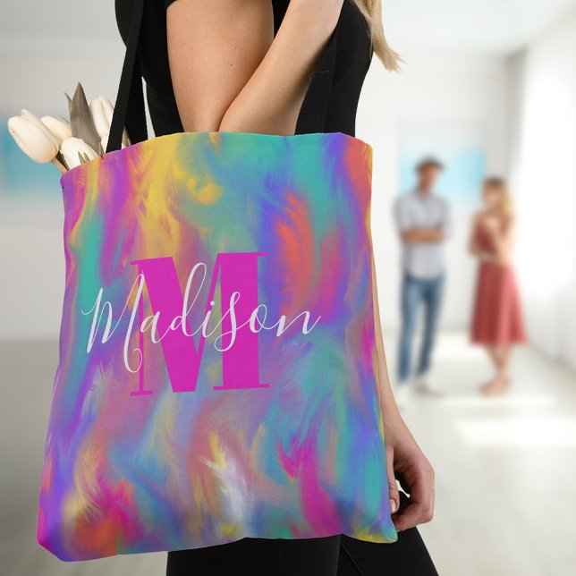 Abstrakt målning turkos gul lila rosa monogram tygkasse (Modern abstract colorful splatter paint monogram tote bag)