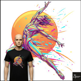 Abstrakt manlig dansare neonhoppande figur t shirt