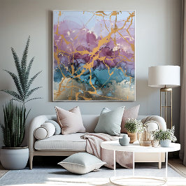 Abstrakt Marble Art Rosa Blue Guld Elegant Canvastryck
