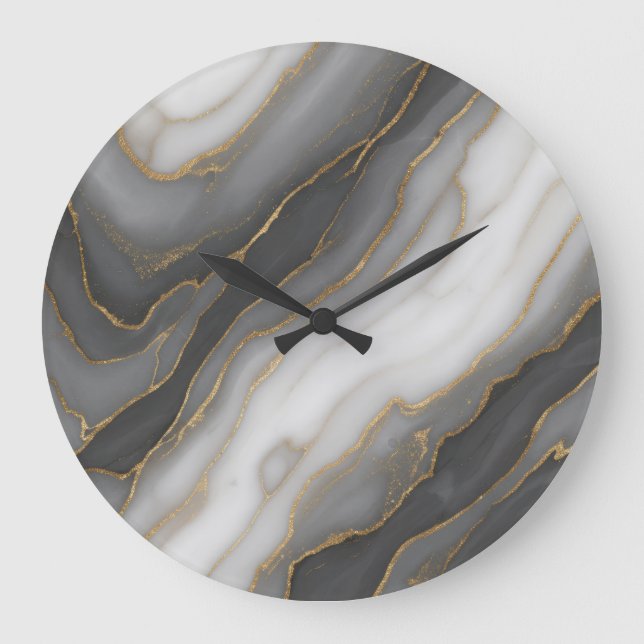 Abstrakt Marble Clock - Grått, White & Guld De Stor Klocka (Framsida)