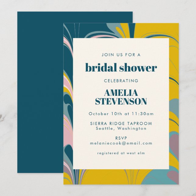 Abstrakt Marble Modern Teal Gult Möhippa Inbjudningar (Fram/baksida)