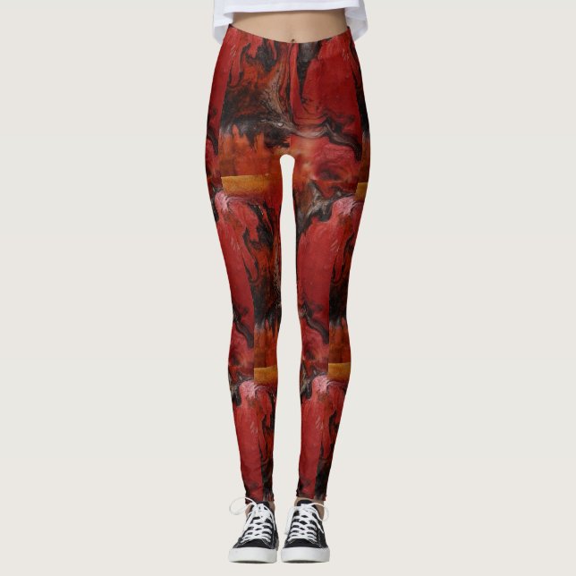 Abstrakt Marble Repetating Red Charcol Mönster Leggings (Framsida)
