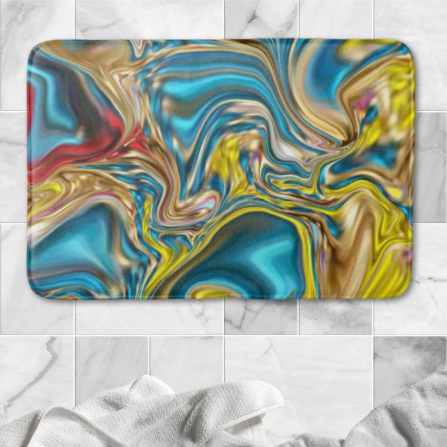 abstrakt marble swirrrens gult teal turquise blue badrumsmatta (abstract marble swirls yellow teal turquoise blue bath mat)