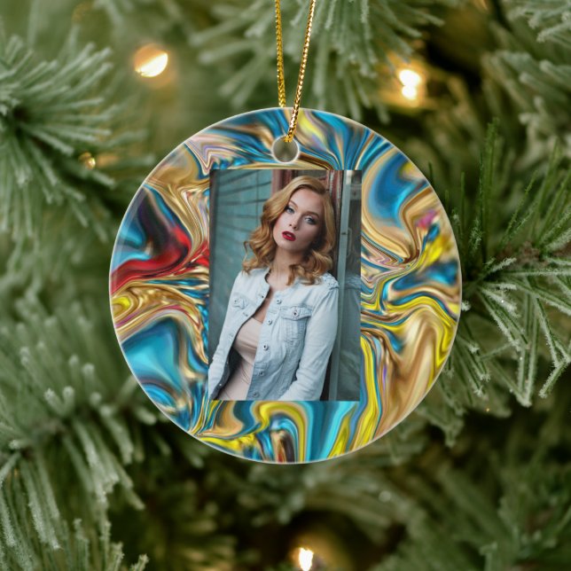 abstrakt marble swirrrens gult teal turquise blue julgransprydnad keramik (Träd)