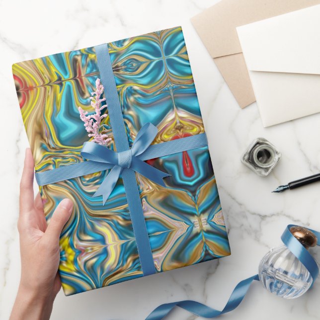 abstrakt marble swirrrens gult teal turquise blue presentpapper (Gifting)