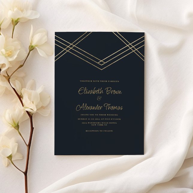 Abstrakt - marin blå guld-geometrisk bröllop inbjudningar (Luxury abstract navy blue gold geometric wedding)