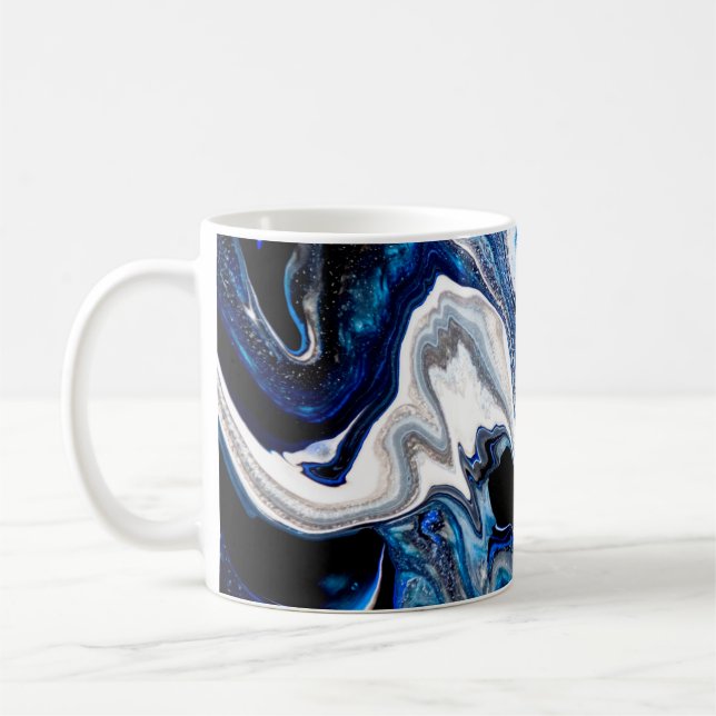 Abstrakt marmor, flytande struktur i silver, vitt  kaffemugg (Vänster)