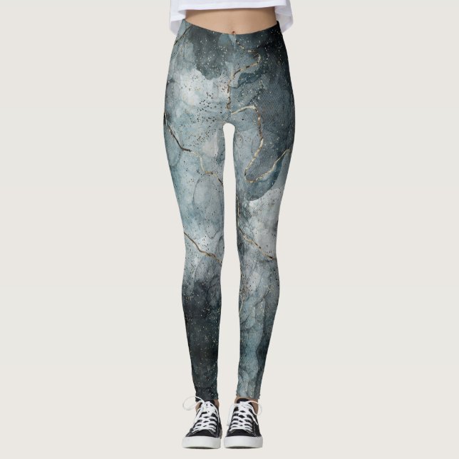 Abstrakt marmorerad målning dimmig gråblå modern k leggings (Framsida)