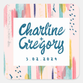 Abstrakt med vattenfärg Färgfyllda penseldrag Bröl Fyrkantigt Klistermärke