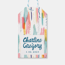 Abstrakt med vattenfärg Färgfyllda penseldrag Bröl Presentetikett