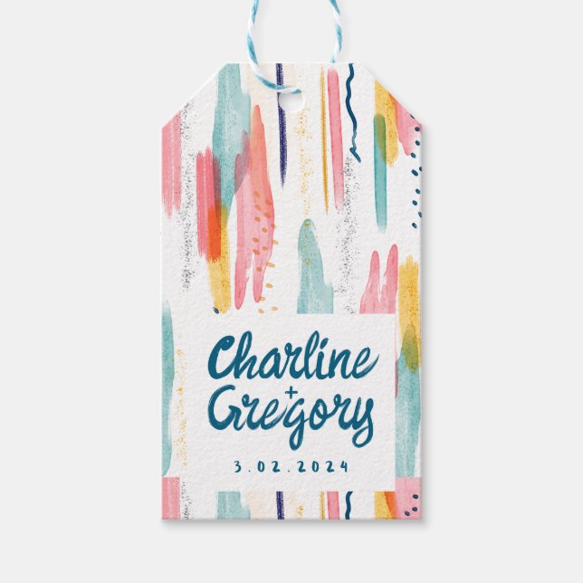 Abstrakt med vattenfärg Färgfyllda penseldrag Bröl Presentetikett (Framsidan)