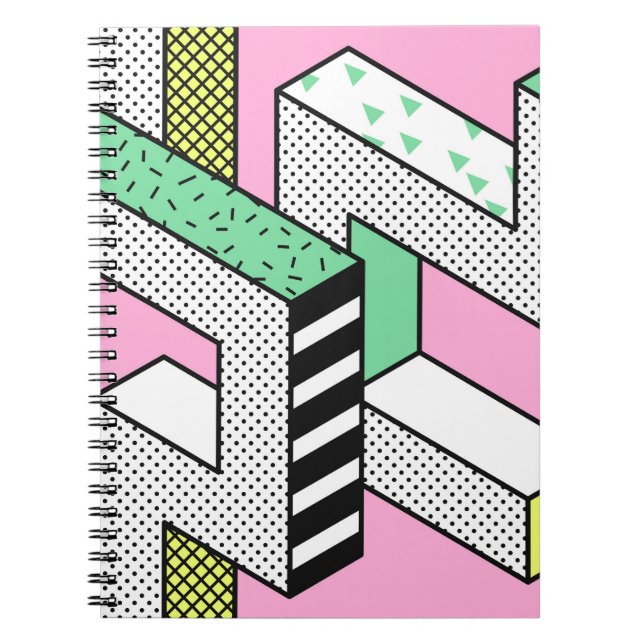 Abstrakt Memphis: 80s geometriska former. Anteckningsbok (Framsidan)