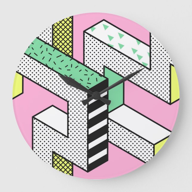 Abstrakt Memphis: 80s geometriska former. Stor Klocka (Framsida)