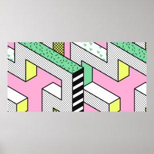 Abstrakt Memphis Seamless Mönster med 3d Geometr Poster