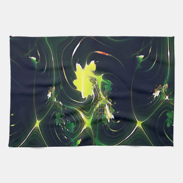 Abstrakt metallisk löv med flashspår, på mörk kökshandduk (Horisontell)