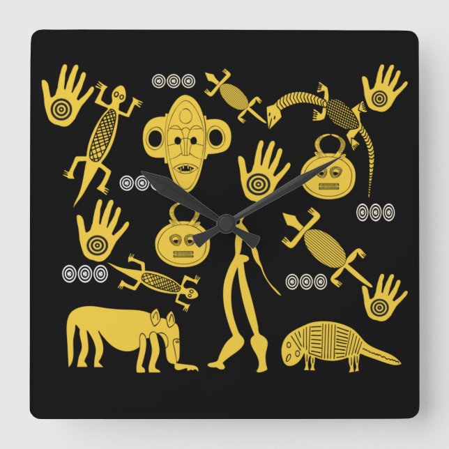 Abstrakt modern afrikansk symbol ansikte konst fyrkantig klocka (Framsida)