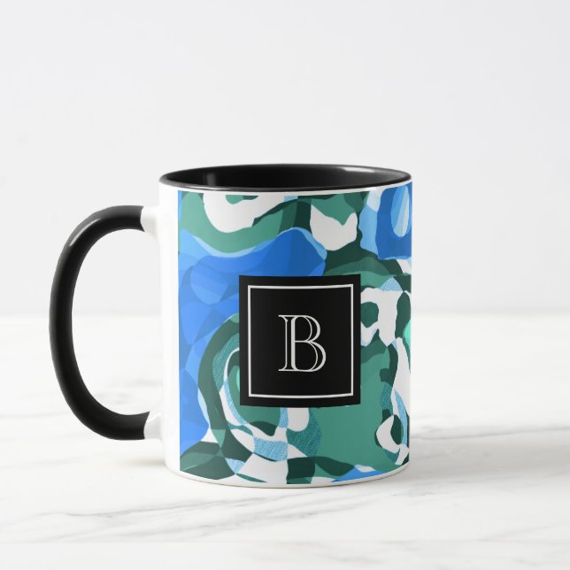Abstrakt Modern Art Collage Monogram Initial Blue Mugg (Vänster)
