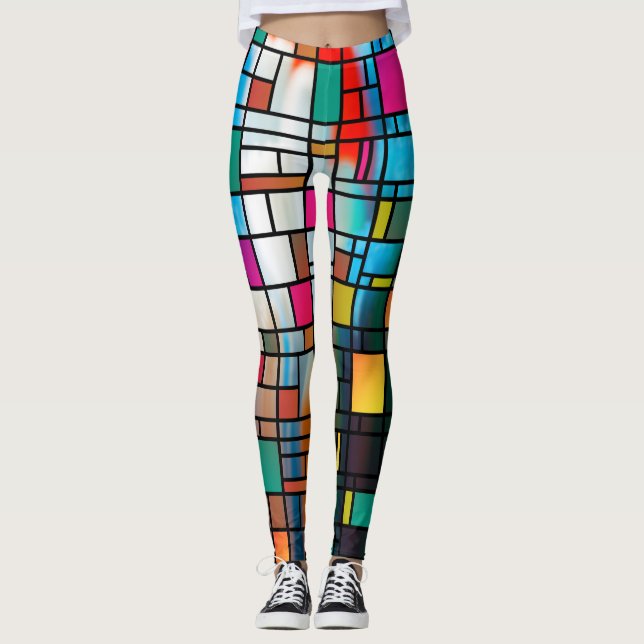 Abstrakt Modern Art Grid Mönster Leggings (Framsida)