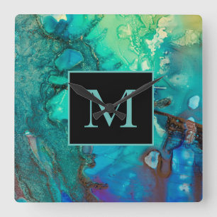 Abstrakt Modern Art Monogram - blå skuggor Fyrkantig Klocka