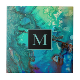 Abstrakt Modern Art Monogram - blå skuggor Kakelplatta