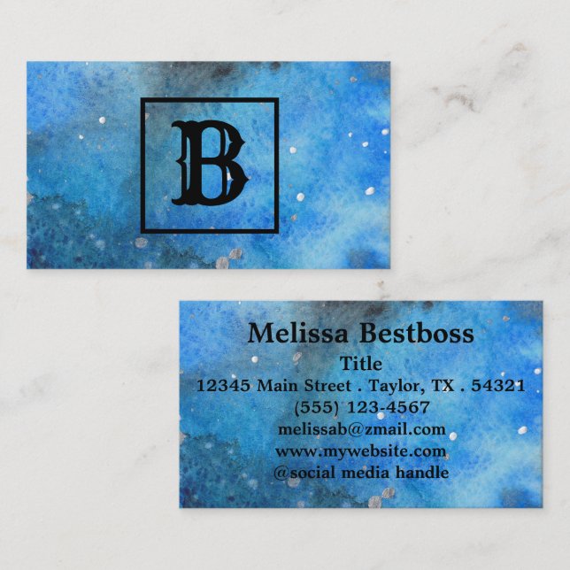 Abstrakt Modern Art Monogram Blue Watercolor Visitkort (Fram/baksida)