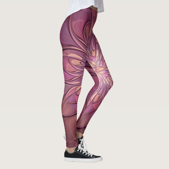 Abstrakt Modern Blommigt Fractal Art Berry Färg Leggings (Höger)