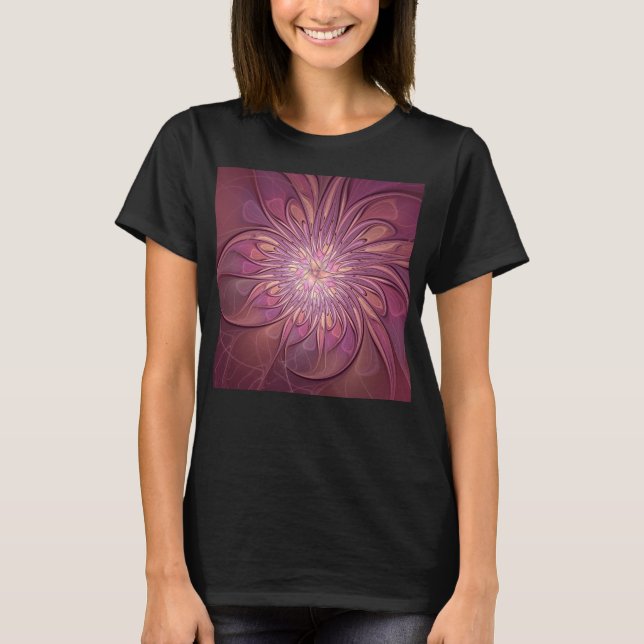 Abstrakt Modern Blommigt Fractal Art Berry Färg T Shirt (Framsida)