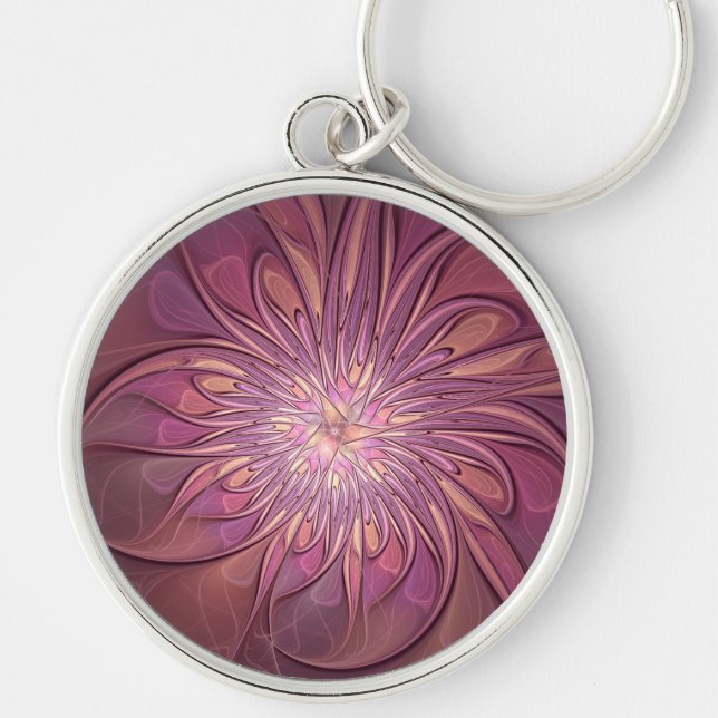 Abstrakt modern blomster fraktal konst bär färger rund silverfärgad nyckelring (Framsidan)