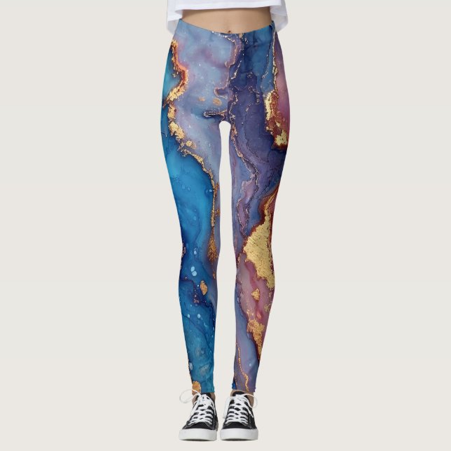 Abstrakt Modern Blue Lila Guld Chic Trendig Leggings (Framsida)