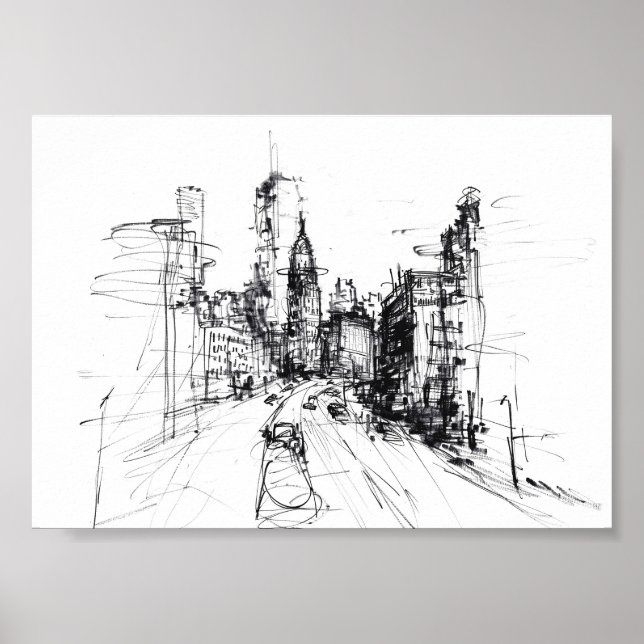 Abstrakt Modern Cityscape Sketch - Premium Poster (Framsidan)