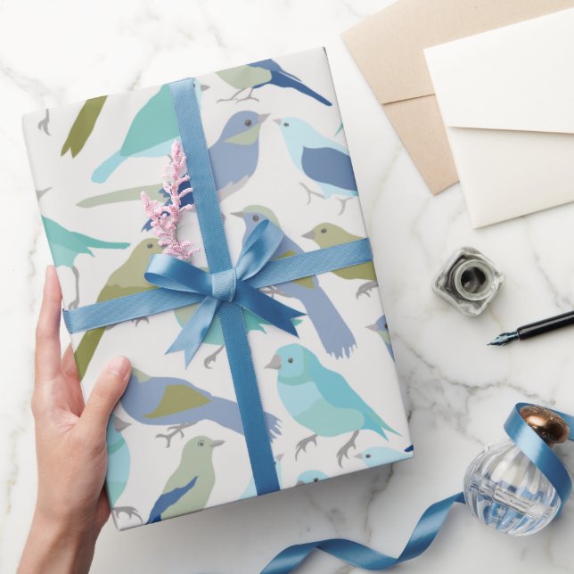 Abstrakt Modern Cute Blue och Grönt Birds Wrappin Presentpapper (Gåvor)