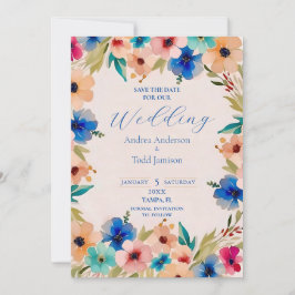 Abstrakt modern elegant blommigt, vattenfärg bröll spara datumet