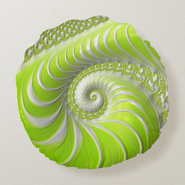 Abstrakt Modern Lime Green Spiral Fractal Rund Kudde (Baksidan)