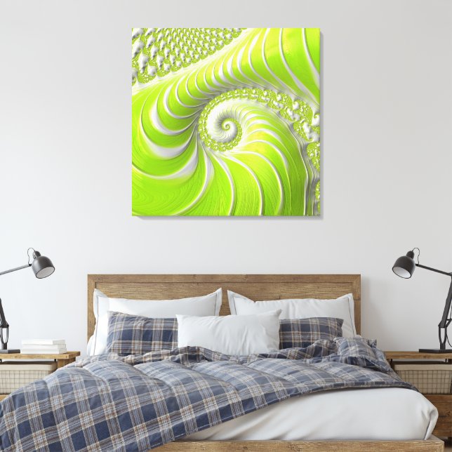 Abstrakt Modern Limegrön Spiral Fraktal Canvastryck (Insitu (sovrum))