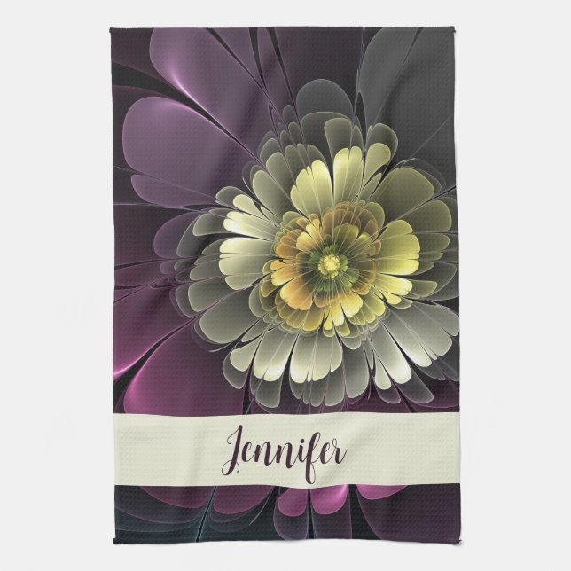 Abstrakt Modern Purpur Khaki Grå Blomma Namn Kökshandduk (Vertikal)