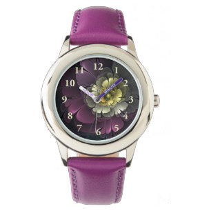 Abstrakt Modern Purpur Khaki Grå Fraktal Blomma Armbandsur